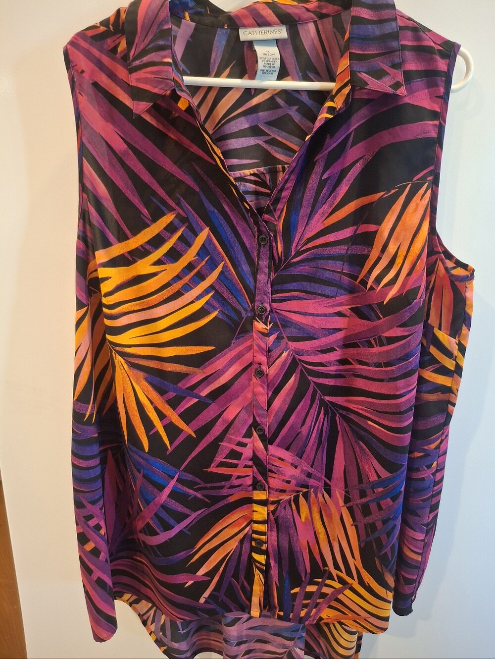 Catherines Purple Tropical Print Sleeveless Button Front Top 1X